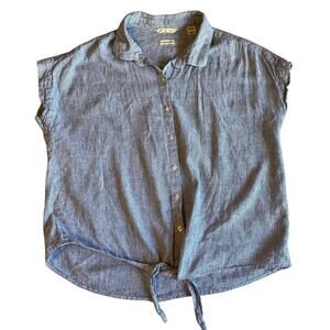 Weatherproof Vintage Blue Striped Button Up Short Sleeve Washable Linen Top Med